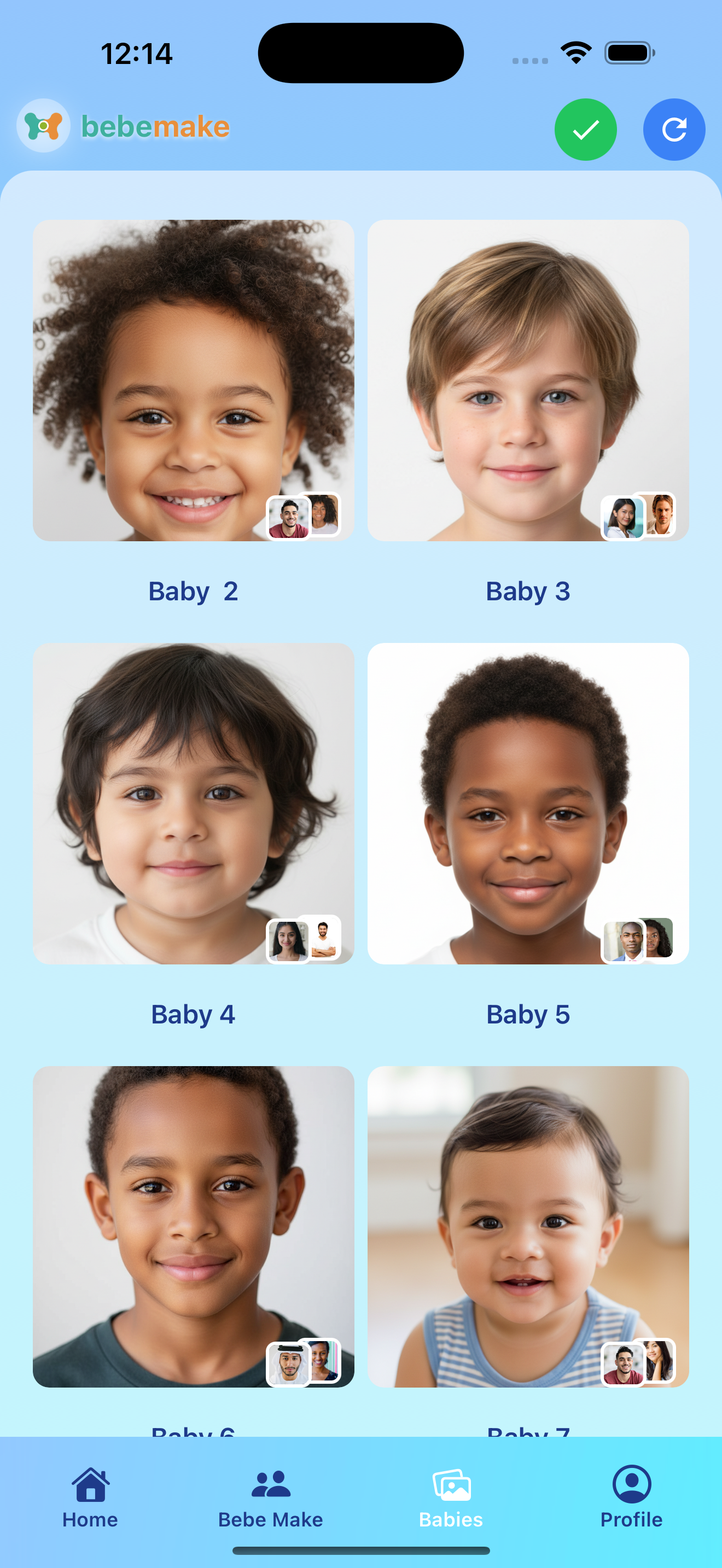 Gallery of generated baby photos inside the BebeMake app